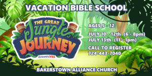 Vacation Bible School "The Great Jungle Journey" promotional poster that shows a cartoon jungle. 